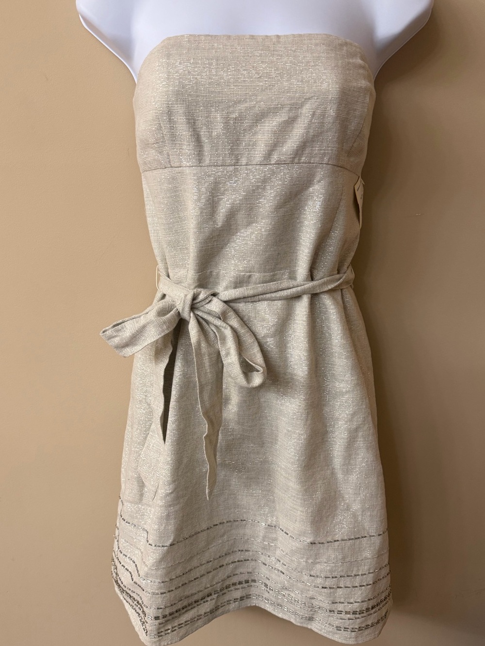 NWT - Ann Taylor LOFT cream strapless dress with beaded hem detail, Size 6
